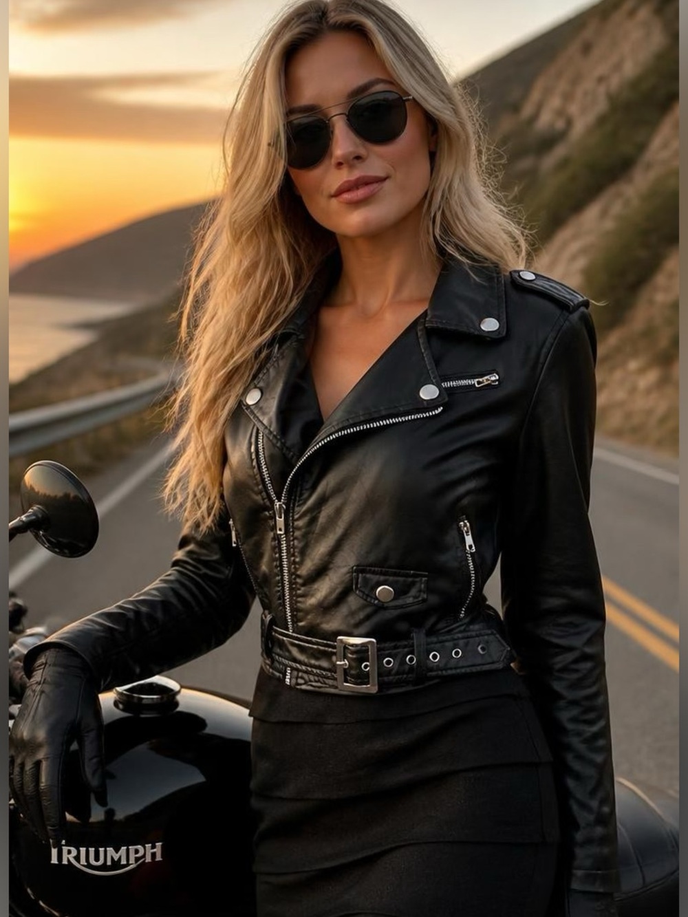 Ashley By 26 International Black Faux Leather Biker Jacket with Belt